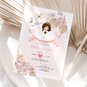 Boho Pink Floral Girl First Holy Communion Invitation