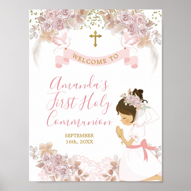 Boho Pink Floral Girl FIRST Holy Communion Sign (Front)