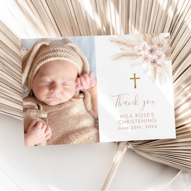 Boho Pink Floral Girls Baptism Christening Thank You Card (Creator Uploaded)