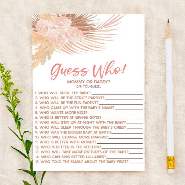 Boho Pink Floral Guess Who! Baby Shower Game Stationery (Creator Uploaded)