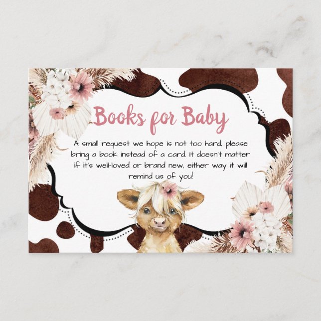 Boho Pink Floral Highland Cow Books For Baby Enclosure Card (Front)
