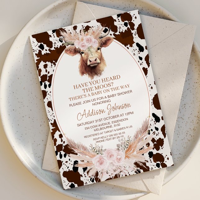 Boho Pink Floral Highland Cow Cowhide Baby Shower Invitation (Holy Cow baby Shower Invitation Template, Boho Pink Floral Holy Cow Baby Shower Invitation, Highland)
