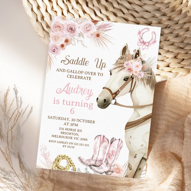 Boho Pink Floral Horse Saddle Up Birthday Invitation (Boho Floral Horse Birthday Invitation Template For Girl, Horse Birthday Invitations, Saddle Up
)