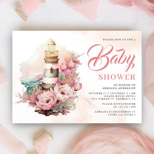 Boho Pink Floral Lighthouse Nautical Baby Shower Invitation