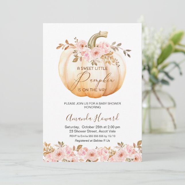 Boho Pink Floral Little Pumpkin Baby Shower Invitation (Standing Front)