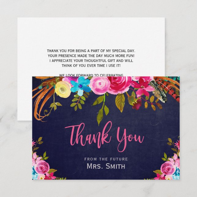Boho Pink Floral Navy Bridal Shower Thank You Card (Front/Back)