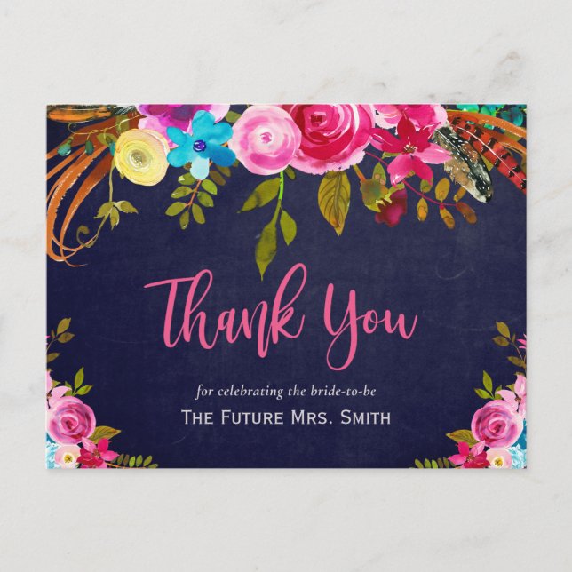 Boho Pink Floral Navy Bridal Shower Thank You Postcard (Front)