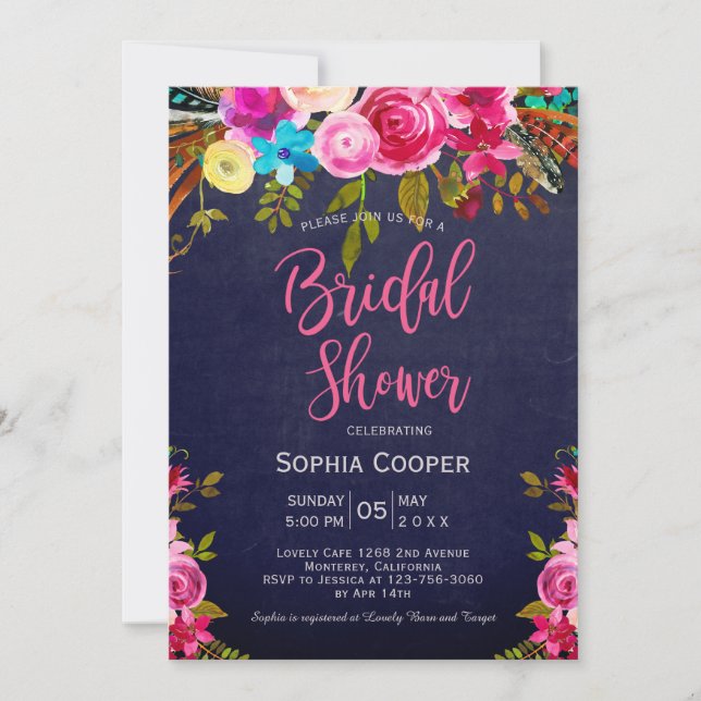 Boho Pink Floral Navy Chalkboard Bridal Shower  Invitation (Front)
