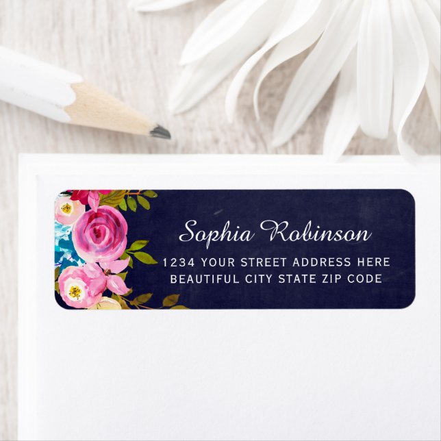 Boho Pink Floral Navy Wedding Return Address Label (Insitu)