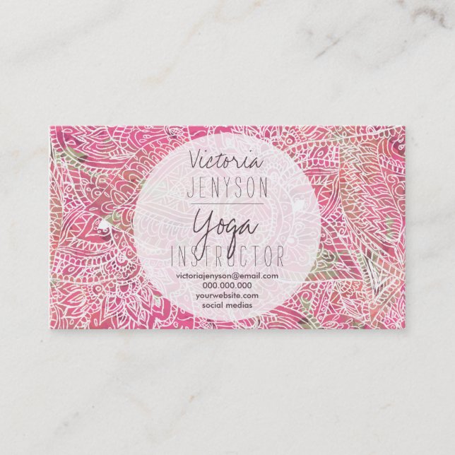 Boho pink floral paisley yoga instructor business card (Front)