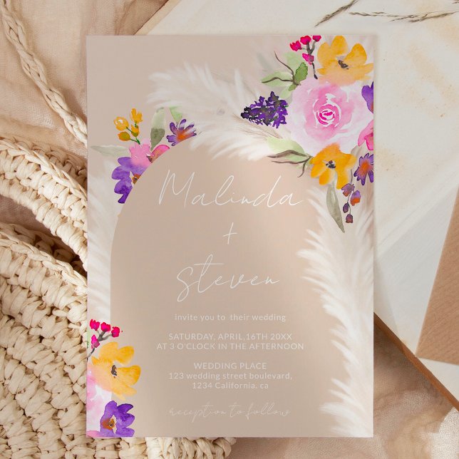 Boho pink floral pampas desert arch wedding invitation (Boho pink floral pampas desert arch wedding invitation on beige)