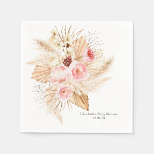 Boho pink Floral Pampas Grass Baby Girl Shower Napkin