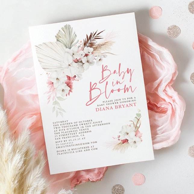 Boho Pink Floral Pampas Grass Baby Shower Invitati Invitation (Baby in Bloom Pink Baby Shower Invitations Boho)