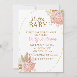 Boho Pink Floral Pampas Grass Baby Shower Invitation