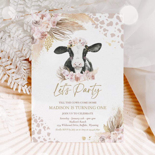 Boho Pink Floral Pampas Grass Cow Birthday Party Invitation (Creator Uploaded)