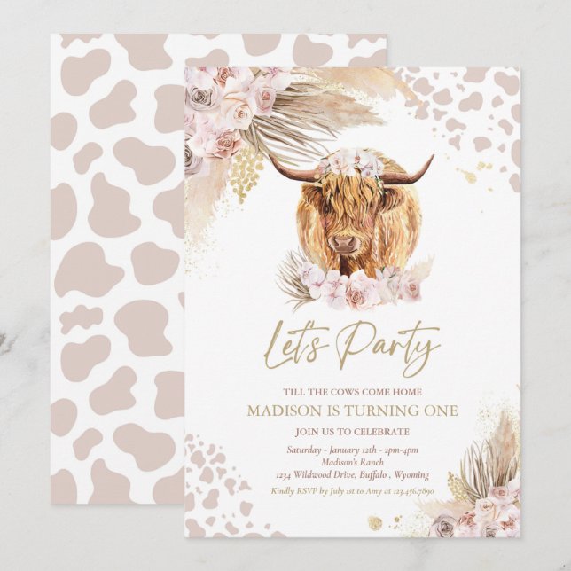Boho Pink Floral Pampas Grass Highland Cow Party Invitation (Front/Back)