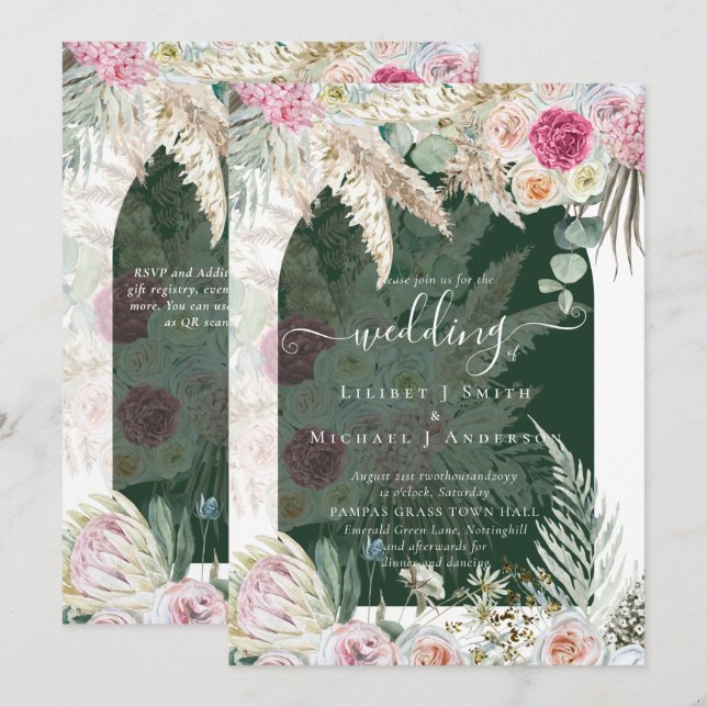 BOHO Pink Floral Pampas Grass Wedding Invitation (Front/Back)