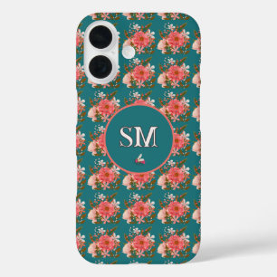  Boho Pink Floral Personalise Monogram iPhone 16 Case