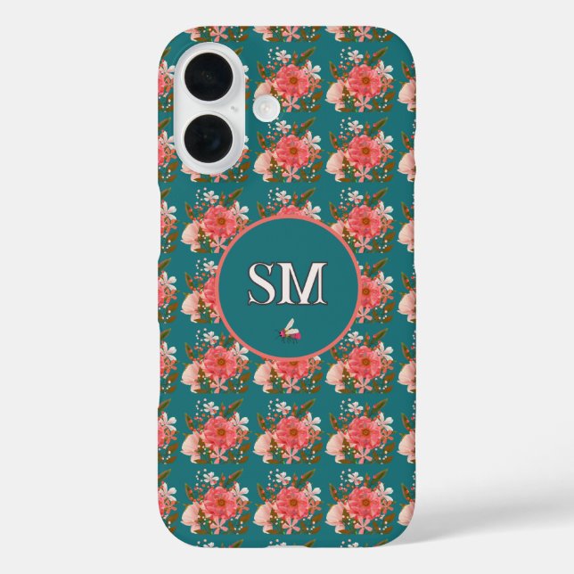  Boho Pink Floral Personalise Monogram Case-Mate iPhone Case (Back)