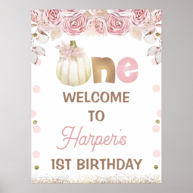 Boho Pink Floral Pumpkin 1st Birthday Welcome Sign (Front)