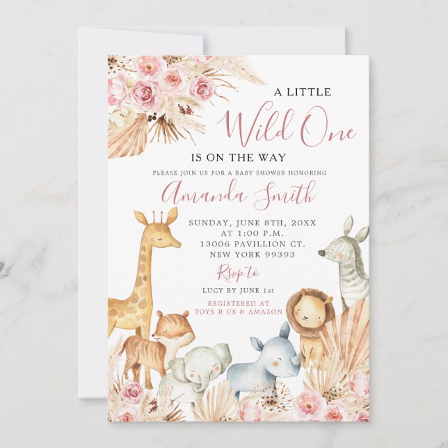 Boho Pink Floral Safari Girl Baby Shower Invitatio Invitation (Front)