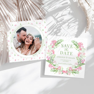 Boho pink floral Save the Date photo invitation