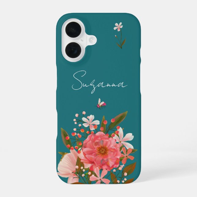 Boho Pink Floral Script Personalise Name iPhone 16 Case (Back)