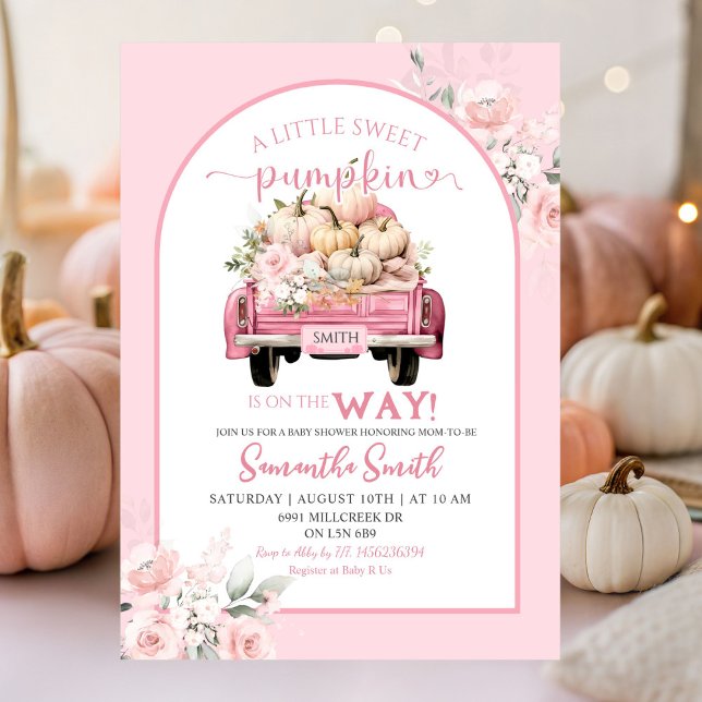 Boho Pink Floral Sweet Pumpkin Truck Baby Shower Invitation (Creator Uploaded)