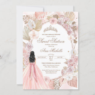 Boho Pink Floral Sweet Sixteen, 16th Birthday  Inv Invitation