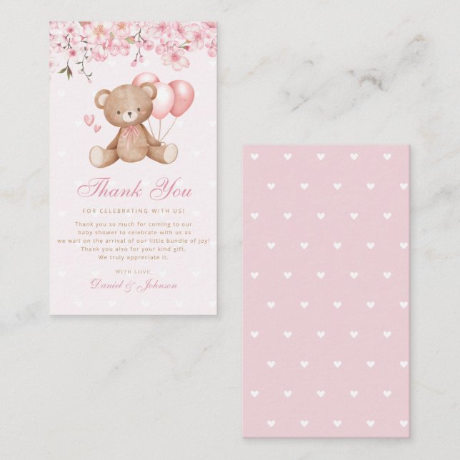 Boho Pink Floral Teddy Bear Baby Shower Thank You  Enclosure Card (Front/Back)