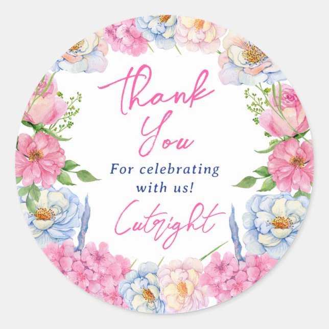 Boho pink floral thank you bridal shower classic classic round sticker (Front)