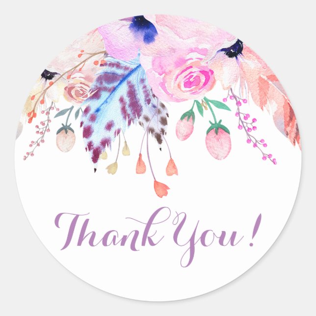 boho pink floral thank you stickers (Front)