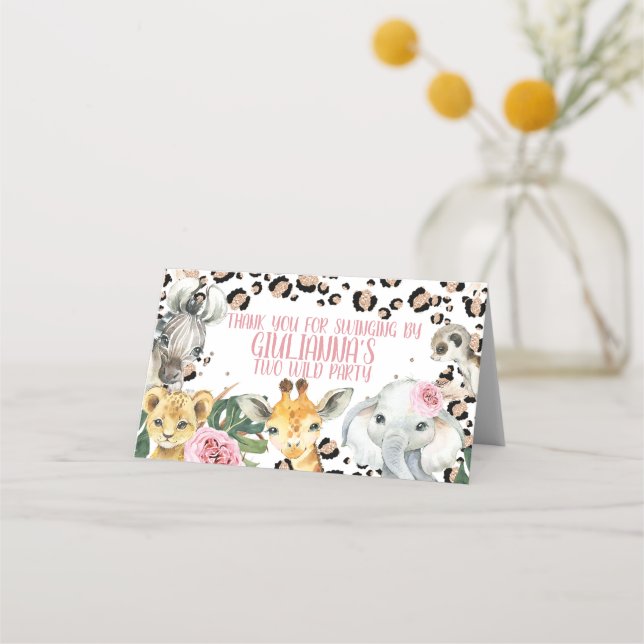Boho Pink Floral Two Wild Safari Treat Bag Topper Place Card (Front)