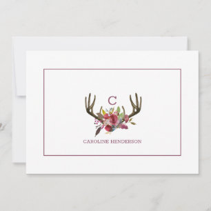 Boho Pink Floral Watercolor Antlers Monogram Card