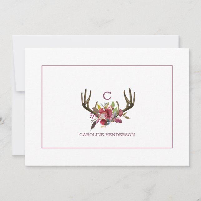 Boho Pink Floral Watercolor Antlers Monogram Card (Front)