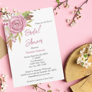 Boho Pink Floral Watercolor Elegant Bridal Shower Invitation