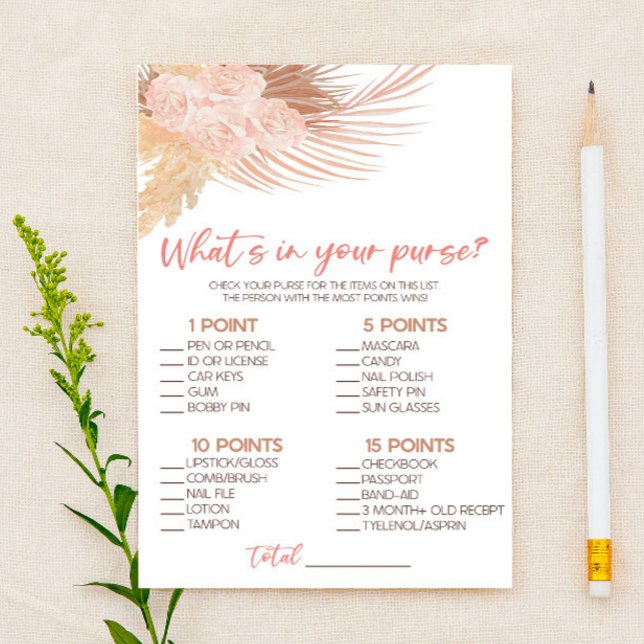 Boho Pink Floral What's In Purse Baby Shower Game Stationery (Creator Uploaded)