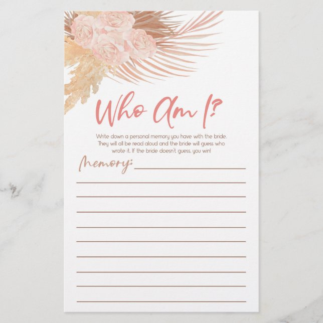 Boho Pink Floral Who Am I Bridal Shower Game Stationery (Front)