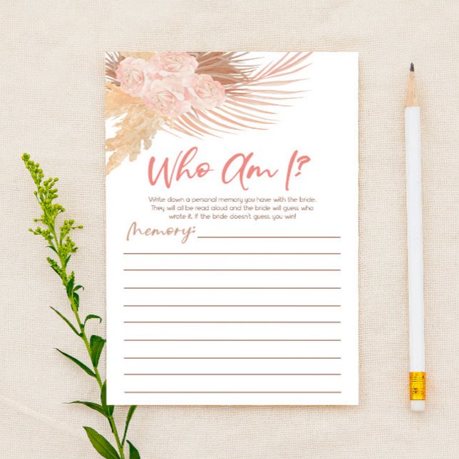 Boho Pink Floral Who Am I Bridal Shower Game Stationery (Creator Uploaded)