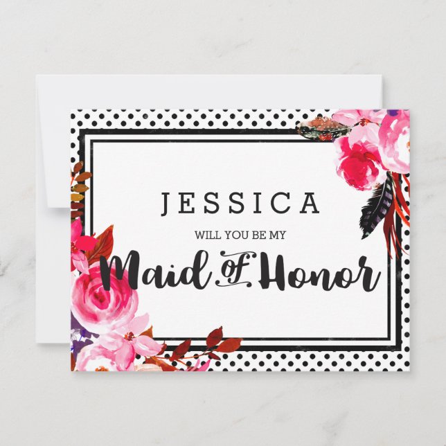 Boho Pink Floral Will You Be My Maid of Honour Invitation (Front)