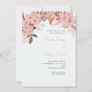 Boho Pink Floral Winter Light Blue Wedding Invitation