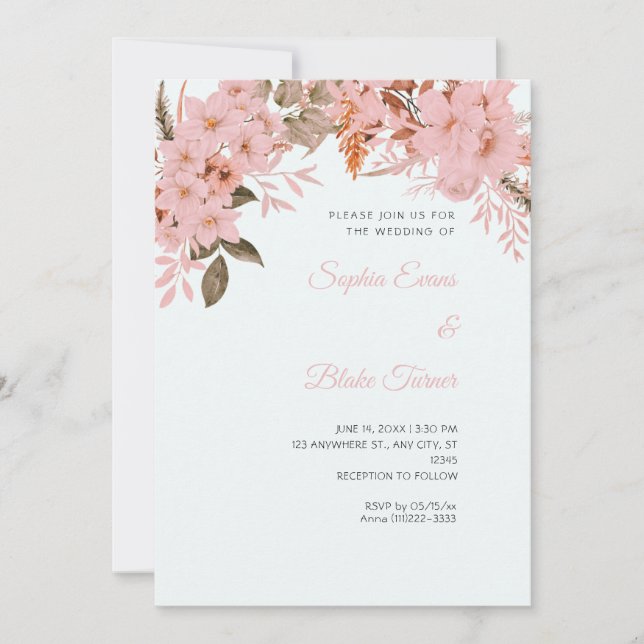 Boho Pink Floral Winter Light Blue Wedding Invitation (Front)