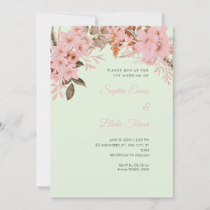 Boho Pink Floral Winter Light Green Wedding Invitation