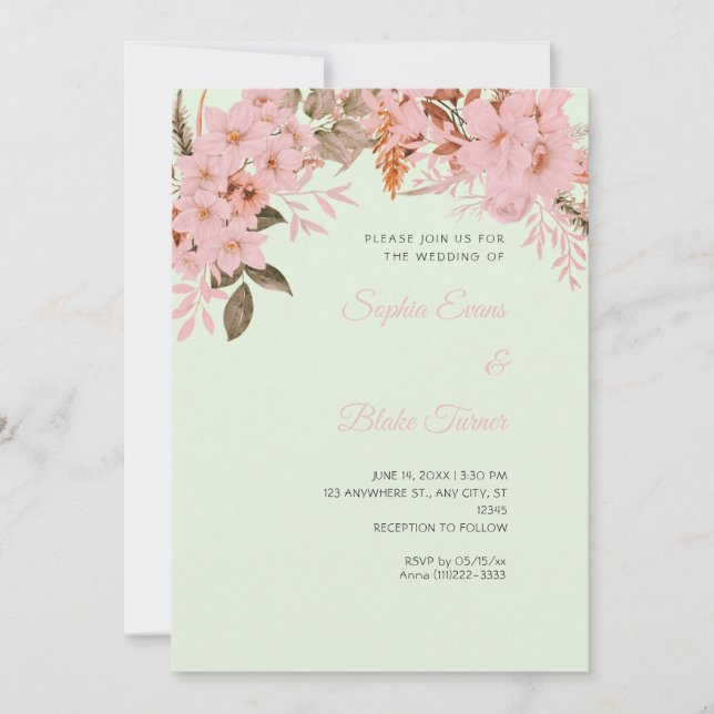 Boho Pink Floral Winter Light Green Wedding Invitation (Front)