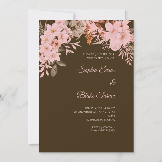 Boho Pink Floral Winter Mocha Brown Wedding Invitation (Front)