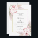 Boho Pink Floral With Gold Frame Wedding Invitation<br><div class="desc">Boho Pink Floral With Gold Frame Wedding Invitation

This pink and natural tones floral arrangement with pampas grass also features a faux gold line frame.  The color on the back of the invitation can be altered.</div>