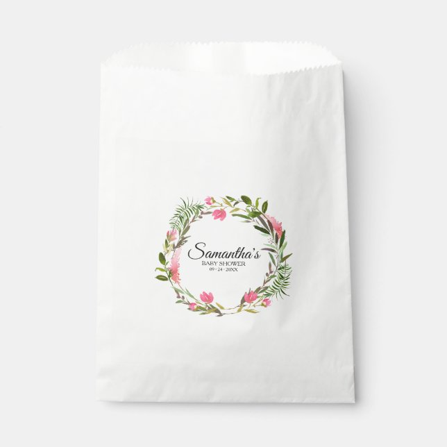 Boho Pink Floral Wreath Baby Shower Favour Bags (Front)