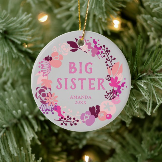 Boho Pink Floral Wreath Personalised Big Sister Ceramic Tree Decoration (Tree)