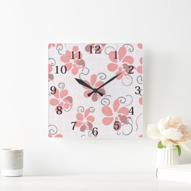 Boho Pink Florals Square Wall Clock (Home)