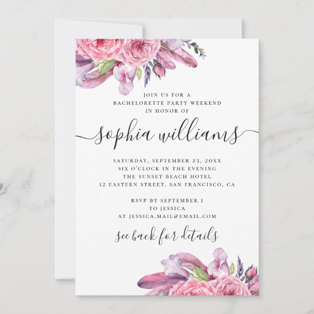 Boho pink flowers and feathers bachelorette party invitation (Front)